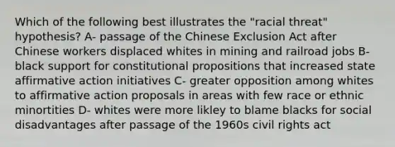 Which of the following best illustrates the "racial threat" hypothesis? A- passage of the Chinese Exclusion Act after Chinese workers displaced whites in mining and railroad jobs B- black support for constitutional propositions that increased state affirmative action initiatives C- greater opposition among whites to affirmative action proposals in areas with few race or ethnic minortities D- whites were more likley to blame blacks for social disadvantages after passage of the 1960s civil rights act