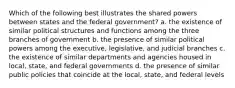 Which of the following best illustrates the shared powers between states and the federal government? a. the existence of similar political structures and functions among the three branches of government b. the presence of similar political powers among the executive, legislative, and judicial branches c. the existence of similar departments and agencies housed in local, state, and federal governments d. the presence of similar public policies that coincide at the local, state, and federal levels