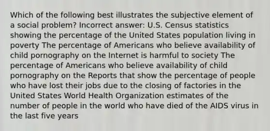 Which of the following best illustrates the subjective element of a social problem? Incorrect answer: U.S. Census statistics showing the percentage of the United States population living in poverty The percentage of Americans who believe availability of child pornography on the Internet is harmful to society The percentage of Americans who believe availability of child pornography on the Reports that show the percentage of people who have lost their jobs due to the closing of factories in the United States World Health Organization estimates of the number of people in the world who have died of the AIDS virus in the last five years