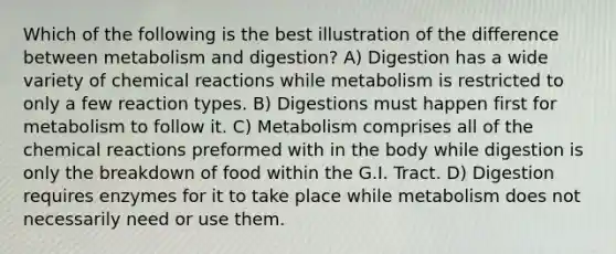 Which of the following is the best illustration of the difference between metabolism and digestion? A) Digestion has a wide variety of chemical reactions while metabolism is restricted to only a few reaction types. B) Digestions must happen first for metabolism to follow it. C) Metabolism comprises all of the chemical reactions preformed with in the body while digestion is only the breakdown of food within the G.I. Tract. D) Digestion requires enzymes for it to take place while metabolism does not necessarily need or use them.