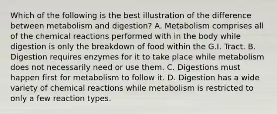 Which of the following is the best illustration of the difference between metabolism and digestion? A. Metabolism comprises all of the <a href='https://www.questionai.com/knowledge/kc6NTom4Ep-chemical-reactions' class='anchor-knowledge'>chemical reactions</a> performed with in the body while digestion is only the breakdown of food within the G.I. Tract. B. Digestion requires enzymes for it to take place while metabolism does not necessarily need or use them. C. Digestions must happen first for metabolism to follow it. D. Digestion has a wide variety of chemical reactions while metabolism is restricted to only a few reaction types.