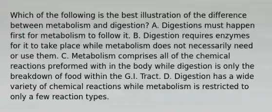 Which of the following is the best illustration of the difference between metabolism and digestion? A. Digestions must happen first for metabolism to follow it. B. Digestion requires enzymes for it to take place while metabolism does not necessarily need or use them. C. Metabolism comprises all of the chemical reactions preformed with in the body while digestion is only the breakdown of food within the G.I. Tract. D. Digestion has a wide variety of chemical reactions while metabolism is restricted to only a few reaction types.