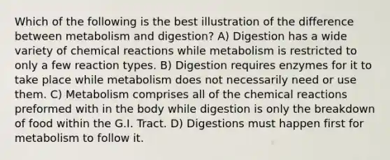 Which of the following is the best illustration of the difference between metabolism and digestion? A) Digestion has a wide variety of chemical reactions while metabolism is restricted to only a few reaction types. B) Digestion requires enzymes for it to take place while metabolism does not necessarily need or use them. C) Metabolism comprises all of the chemical reactions preformed with in the body while digestion is only the breakdown of food within the G.I. Tract. D) Digestions must happen first for metabolism to follow it.