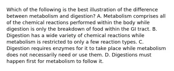 Which of the following is the best illustration of the difference between metabolism and digestion? A. Metabolism comprises all of the chemical reactions performed within the body while digestion is only the breakdown of food within the GI tract. B. Digestion has a wide variety of chemical reactions while metabolism is restricted to only a few reaction types. C. Digestion requires enzymes for it to take place while metabolism does not necessarily need or use them. D. Digestions must happen first for metabolism to follow it.