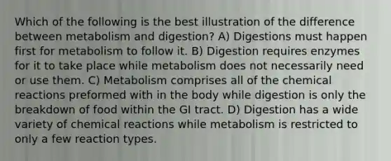 Which of the following is the best illustration of the difference between metabolism and digestion? A) Digestions must happen first for metabolism to follow it. B) Digestion requires enzymes for it to take place while metabolism does not necessarily need or use them. C) Metabolism comprises all of the chemical reactions preformed with in the body while digestion is only the breakdown of food within the GI tract. D) Digestion has a wide variety of chemical reactions while metabolism is restricted to only a few reaction types.