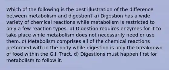 Which of the following is the best illustration of the difference between metabolism and digestion? a) Digestion has a wide variety of chemical reactions while metabolism is restricted to only a few reaction types. b) Digestion requires enzymes for it to take place while metabolism does not necessarily need or use them. c) Metabolism comprises all of the chemical reactions preformed with in the body while digestion is only the breakdown of food within the G.I. Tract. d) Digestions must happen first for metabolism to follow it.