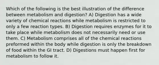 Which of the following is the best illustration of the difference between metabolism and digestion? A) Digestion has a wide variety of chemical reactions while metabolism is restricted to only a few reaction types. B) Digestion requires enzymes for it to take place while metabolism does not necessarily need or use them. C) Metabolism comprises all of the chemical reactions preformed within the body while digestion is only the breakdown of food within the GI tract. D) Digestions must happen first for metabolism to follow it.