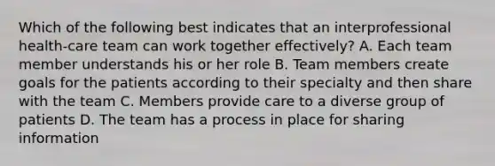 Which of the following best indicates that an interprofessional health-care team can work together effectively? A. Each team member understands his or her role B. Team members create goals for the patients according to their specialty and then share with the team C. Members provide care to a diverse group of patients D. The team has a process in place for sharing information