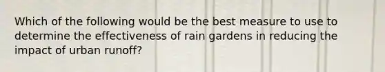 Which of the following would be the best measure to use to determine the effectiveness of rain gardens in reducing the impact of urban runoff?