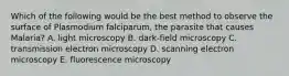 Which of the following would be the best method to observe the surface of Plasmodium falciparum, the parasite that causes Malaria? A. light microscopy B. dark-field microscopy C. transmission electron microscopy D. scanning electron microscopy E. fluorescence microscopy