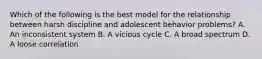 Which of the following is the best model for the relationship between harsh discipline and adolescent behavior problems? A. An inconsistent system B. A vicious cycle C. A broad spectrum D. A loose correlation