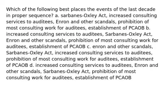 Which of the following best places the events of the last decade in proper sequence? a. sarbanes-Oxley Act, increased consulting services to auditees, Enron and other scandals, prohibition of most consulting work for auditees, establishment of PCAOB b. increased consulting services to auditees, Sarbanes-Oxley Act, Enron and other scandals, prohibition of most consulting work for auditees, establishment of PCAOB c. enron and other scandals, Sarbanes-Oxley Act, increased consulting services to auditees, prohibition of most consulting work for auditees, establishment of PCAOB d. increased consulting services to auditees, Enron and other scandals, Sarbanes-Oxley Act, prohibition of most consulting work for auditees, establishment of PCAOB