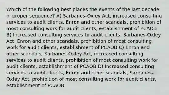 Which of the following best places the events of the last decade in proper sequence? A) Sarbanes-Oxley Act, increased consulting services to audit clients, Enron and other scandals, prohibition of most consulting work for audit clients, establishment of PCAOB B) Increased consulting services to audit clients, Sarbanes-Oxley Act, Enron and other scandals, prohibition of most consulting work for audit clients, establishment of PCAOB C) Enron and other scandals, Sarbanes-Oxley Act, increased consulting services to audit clients, prohibition of most consulting work for audit clients, establishment of PCAOB D) Increased consulting services to audit clients, Enron and other scandals, Sarbanes-Oxley Act, prohibition of most consulting work for audit clients, establishment of PCAOB