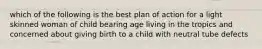 which of the following is the best plan of action for a light skinned woman of child bearing age living in the tropics and concerned about giving birth to a child with neutral tube defects