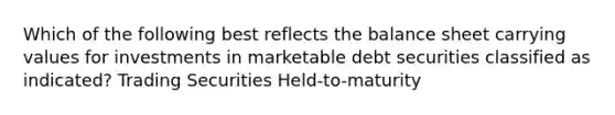 Which of the following best reflects the balance sheet carrying values for investments in marketable debt securities classified as indicated? Trading Securities Held-to-maturity