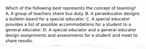 Which of the following best represents the concept of teaming? A. A group of teachers share bus duty. B. A paraeducator designs a bulletin board for a special educator. C. A special educator provides a list of possible accommodations for a student to a general educator. D. A special educator and a general educator design assignments and assessments for a student and meet to share results.