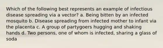 Which of the following best represents an example of infectious disease spreading via a vector? a. Being bitten by an infected mosquito b. Disease spreading from infected mother to infant via the placenta c. A group of partygoers hugging and shaking hands d. Two persons, one of whom is infected, sharing a glass of soda