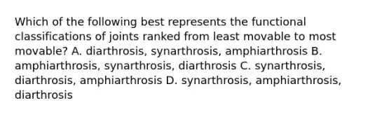 Which of the following best represents the functional classifications of joints ranked from least movable to most movable? A. diarthrosis, synarthrosis, amphiarthrosis B. amphiarthrosis, synarthrosis, diarthrosis C. synarthrosis, diarthrosis, amphiarthrosis D. synarthrosis, amphiarthrosis, diarthrosis