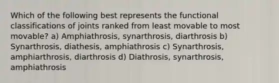 Which of the following best represents the functional classifications of joints ranked from least movable to most movable? a) Amphiathrosis, synarthrosis, diarthrosis b) Synarthrosis, diathesis, amphiathrosis c) Synarthrosis, amphiarthrosis, diarthrosis d) Diathrosis, synarthrosis, amphiathrosis