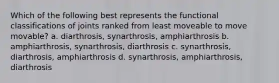 Which of the following best represents the functional classifications of joints ranked from least moveable to move movable? a. diarthrosis, synarthrosis, amphiarthrosis b. amphiarthrosis, synarthrosis, diarthrosis c. synarthrosis, diarthrosis, amphiarthrosis d. synarthrosis, amphiarthrosis, diarthrosis