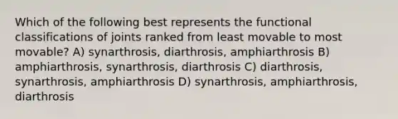 Which of the following best represents the functional classifications of joints ranked from least movable to most movable? A) synarthrosis, diarthrosis, amphiarthrosis B) amphiarthrosis, synarthrosis, diarthrosis C) diarthrosis, synarthrosis, amphiarthrosis D) synarthrosis, amphiarthrosis, diarthrosis