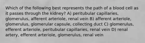 Which of the following best represents the path of a blood cell as it passes through the kidney? A) peritubular capillaries, glomerulus, afferent arteriole, renal vein B) afferent arteriole, glomerulus, glomerular capsule, collecting duct C) glomerulus, efferent arteriole, peritubular capillaries, renal vein D) renal artery, efferent arteriole, glomerulus, renal vein