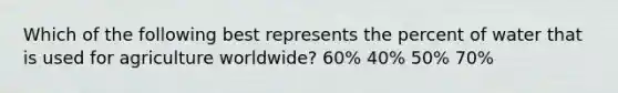 Which of the following best represents the percent of water that is used for agriculture worldwide? 60% 40% 50% 70%