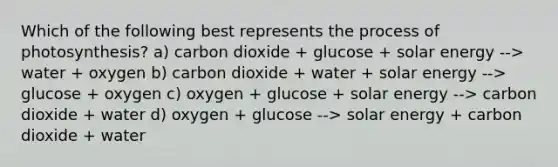 Which of the following best represents the <a href='https://www.questionai.com/knowledge/kZdL6DGYI4-process-of-photosynthesis' class='anchor-knowledge'>process of photosynthesis</a>? a) carbon dioxide + glucose + solar energy --> water + oxygen b) carbon dioxide + water + solar energy --> glucose + oxygen c) oxygen + glucose + solar energy --> carbon dioxide + water d) oxygen + glucose --> solar energy + carbon dioxide + water