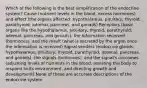 Which of the following is the best simplification of the endocrine system? Cause (nutrient levels in the blood, excess hormones) and effect (the organs affected: hypothalamus, pituitary, thyroid, parathyroid, adrenal, pancreas, and gonads) Receptors (basic organs like the hypothalamus, pituitary, thyroid, parathyroid, adrenal, pancreas, and gonads), the information received (hormones), and the result (what is secreted by the organ once the information is received) Signal senders (endocrine glands: hypothalamus, pituitary, thyroid, parathyroid, adrenal, pancreas, and gonads), the signals (hormones), and the signal's outcomes (adjusting levels of nutrients in the blood, assisting the body to respond to its environment, and directing growth and development) None of these are accurate descriptions of the endocrine system