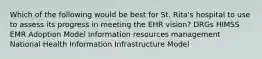 Which of the following would be best for St. Rita's hospital to use to assess its progress in meeting the EHR vision? DRGs HIMSS EMR Adoption Model Information resources management National Health Information Infrastructure Model