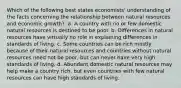 Which of the following best states economists' understanding of the facts concerning the relationship between natural resources and economic growth?: a. A country with no or few domestic natural resources is destined to be poor. b. Differences in natural resources have virtually no role in explaining differences in standards of living. c. Some countries can be rich mostly because of their natural resources and countries without natural resources need not be poor, but can never have very high standards of living. d. Abundant domestic natural resources may help make a country rich, but even countries with few natural resources can have high standards of living.