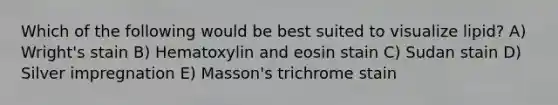 Which of the following would be best suited to visualize lipid? A) Wright's stain B) Hematoxylin and eosin stain C) Sudan stain D) Silver impregnation E) Masson's trichrome stain