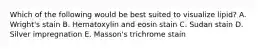 Which of the following would be best suited to visualize lipid? A. Wright's stain B. Hematoxylin and eosin stain C. Sudan stain D. Silver impregnation E. Masson's trichrome stain