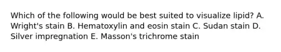 Which of the following would be best suited to visualize lipid? A. Wright's stain B. Hematoxylin and eosin stain C. Sudan stain D. Silver impregnation E. Masson's trichrome stain
