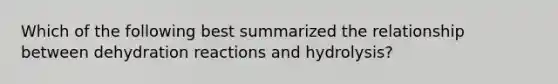 Which of the following best summarized the relationship between dehydration reactions and hydrolysis?