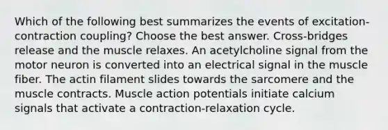 Which of the following best summarizes the events of excitation-contraction coupling? Choose the best answer. Cross-bridges release and the muscle relaxes. An acetylcholine signal from the motor neuron is converted into an electrical signal in the muscle fiber. The actin filament slides towards the sarcomere and the muscle contracts. Muscle action potentials initiate calcium signals that activate a contraction-relaxation cycle.