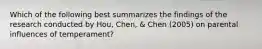 Which of the following best summarizes the findings of the research conducted by Hou, Chen, & Chen (2005) on parental influences of temperament?