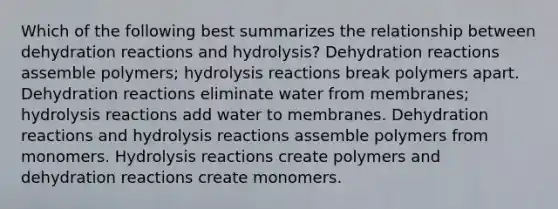 Which of the following best summarizes the relationship between dehydration reactions and hydrolysis? Dehydration reactions assemble polymers; hydrolysis reactions break polymers apart. Dehydration reactions eliminate water from membranes; hydrolysis reactions add water to membranes. Dehydration reactions and hydrolysis reactions assemble polymers from monomers. Hydrolysis reactions create polymers and dehydration reactions create monomers.