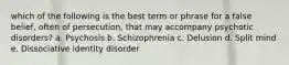 which of the following is the best term or phrase for a false belief, often of persecution, that may accompany psychotic disorders? a. Psychosis b. Schizophrenia c. Delusion d. Split mind e. Dissociative identity disorder