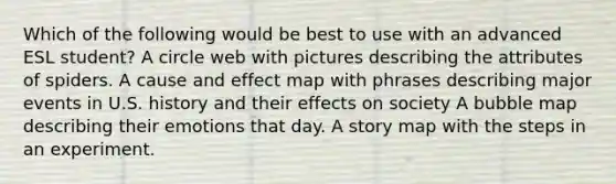 Which of the following would be best to use with an advanced ESL student? A circle web with pictures describing the attributes of spiders. A cause and effect map with phrases describing major events in U.S. history and their effects on society A bubble map describing their emotions that day. A story map with the steps in an experiment.