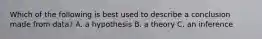 Which of the following is best used to describe a conclusion made from data? A. a hypothesis B. a theory C. an inference
