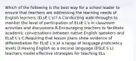 Which of the following is the best way for a school leader to ensure that teachers are addressing the learning needs of English learners (ELsE L's)? A.Conducting walk-throughs to monitor the level of participation of ELsE L's in classroom activities and discussions B.Encouraging teachers to facilitate academic conversations between native English speakers and ELsE L's C.Requiring that lesson plans show evidence of differentiation for ELsE L's at a range of language proficiency levels D.Having English as a second language (ESLE S L) teachers model effective strategies for teaching ELs