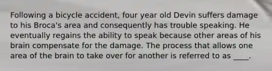 Following a bicycle accident, four year old Devin suffers damage to his Broca's area and consequently has trouble speaking. He eventually regains the ability to speak because other areas of his brain compensate for the damage. The process that allows one area of the brain to take over for another is referred to as ____.