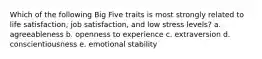 Which of the following Big Five traits is most strongly related to life satisfaction, job satisfaction, and low stress levels? a. agreeableness b. openness to experience c. extraversion d. conscientiousness e. emotional stability