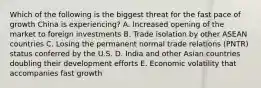 Which of the following is the biggest threat for the fast pace of growth China is experiencing? A. Increased opening of the market to foreign investments B. Trade isolation by other ASEAN countries C. Losing the permanent normal trade relations (PNTR) status conferred by the U.S. D. India and other Asian countries doubling their development efforts E. Economic volatility that accompanies fast growth