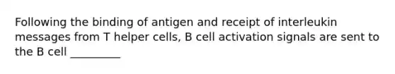 Following the binding of antigen and receipt of interleukin messages from T helper cells, B cell activation signals are sent to the B cell _________