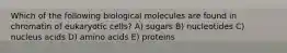 Which of the following biological molecules are found in chromatin of eukaryotic cells? A) sugars B) nucleotides C) nucleus acids D) amino acids E) proteins