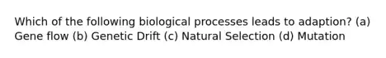 Which of the following biological processes leads to adaption? (a) Gene flow (b) Genetic Drift (c) Natural Selection (d) Mutation