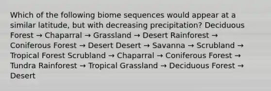 Which of the following biome sequences would appear at a similar latitude, but with decreasing precipitation? Deciduous Forest → Chaparral → Grassland → Desert Rainforest → Coniferous Forest → Desert Desert → Savanna → Scrubland → Tropical Forest Scrubland → Chaparral → Coniferous Forest → Tundra Rainforest → Tropical Grassland → Deciduous Forest → Desert