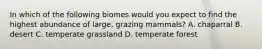 In which of the following biomes would you expect to find the highest abundance of large, grazing mammals? A. chaparral B. desert C. temperate grassland D. temperate forest